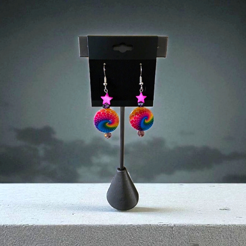 Vibrant Rainbow Swirl Earrings with Pink Star Accents